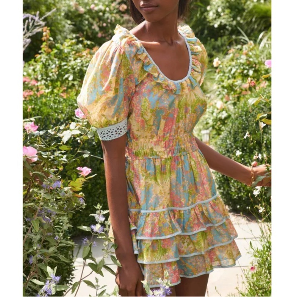 LoveShackFancy Safiya Cotton & Silk Mini Dress in Floral Print NWT